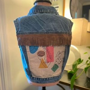 Custom Hand painted denim jean jacket vest with fringe tassels